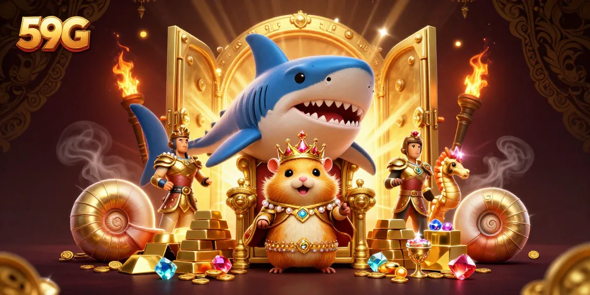 Experience the thrill of winning with 59G, showcasing the golden hamster king in a vibrant casino scene.