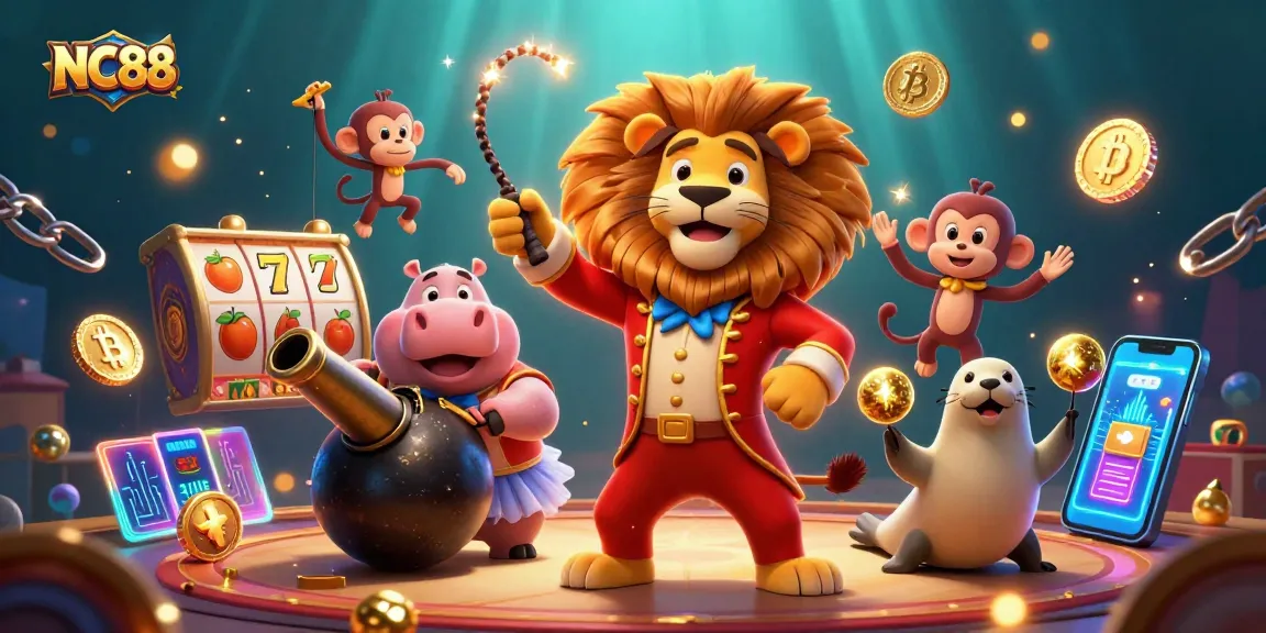 Spin to win with NC88's vibrant circus scene, featuring colorful game elements and playful characters.