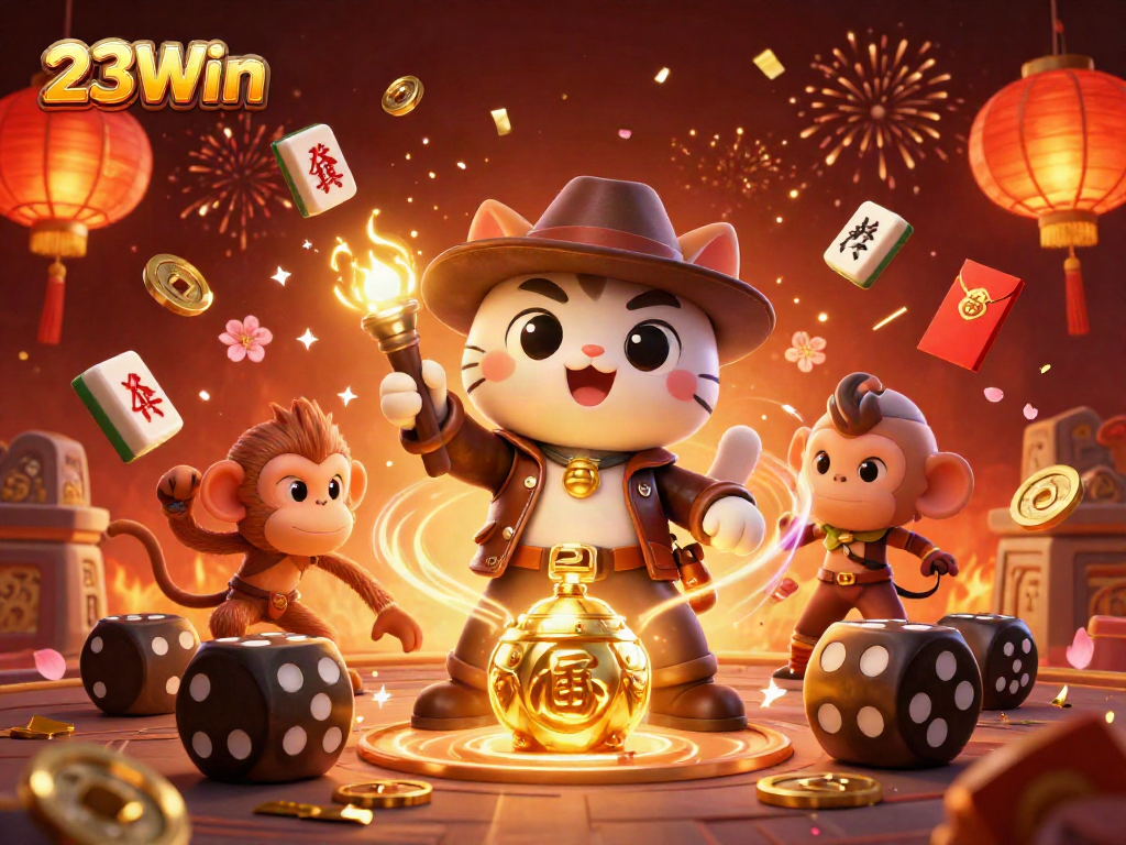 Win big with 23Win as the explorer cat discovers a golden artifact surrounded by casino treasures.