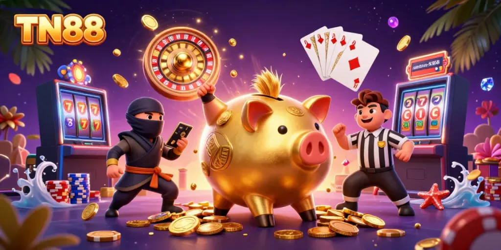 Engage in thrilling gameplay with TN88, featuring vibrant casino characters and dynamic game elements.
