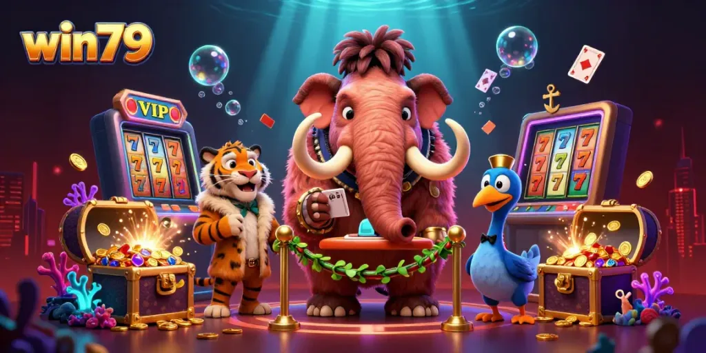 Win79 welcomes players with a vibrant casino scene featuring engaging characters and lively slot elements.
