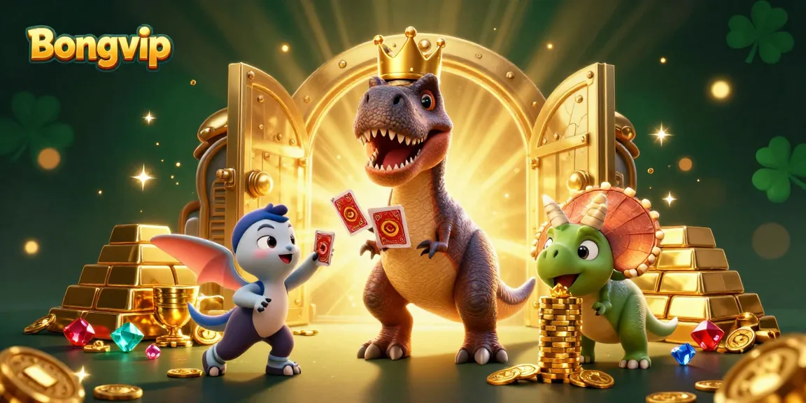 Bongvip casino illustration of a T-Rex and assistants playing cards amidst golden treasures, full of vibrant detail.