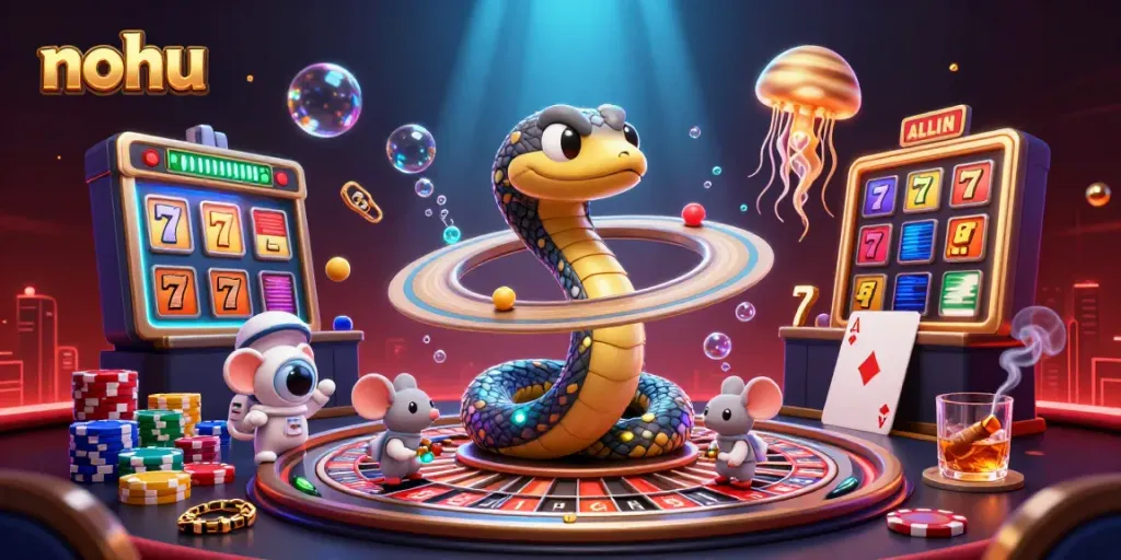 Engage with the exciting slots and jackpot gaming world of nohu, amidst 3D casino characters and vibrant visuals.