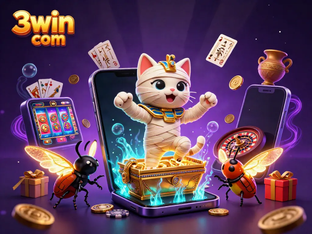 Experience the thrill of 3win com with a mummy cat and casino elements in a vibrant pyramid setting.