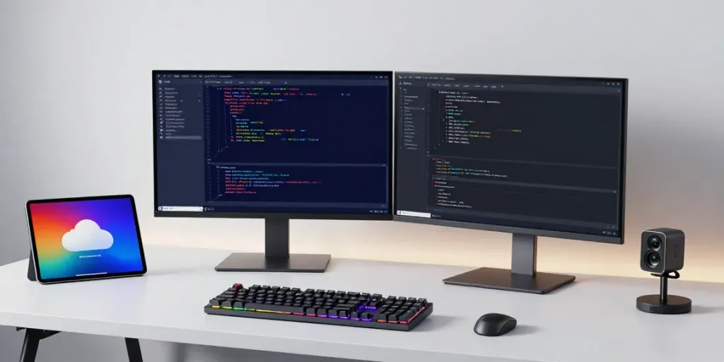Register .co.uk domain within a modern developer setup showcasing cloud computing and software development tools.