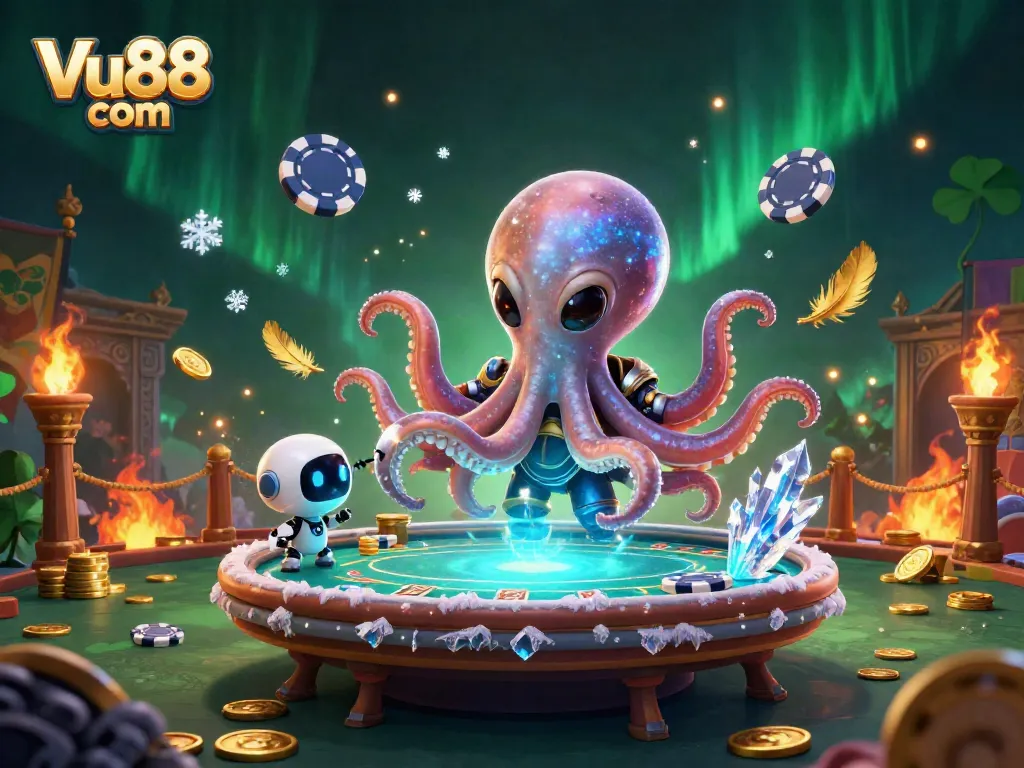 Experience thrilling games at Vu88 com with vibrant 3D alien octopus poker scene full of action.