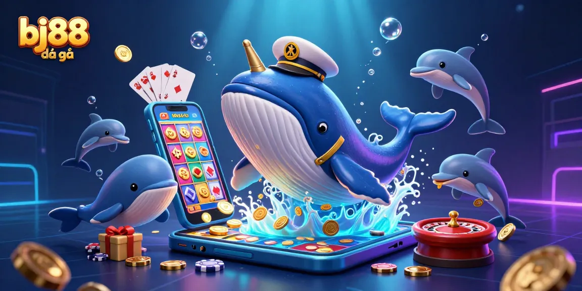 Experience the excitement of bj88 đá gà with animated characters playing in a wealth of coins and casino elements.