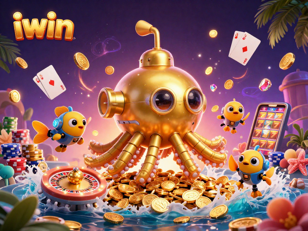 Win big with iwin's vibrant 3D casino scene featuring a golden kraken and spinning roulette wheel.