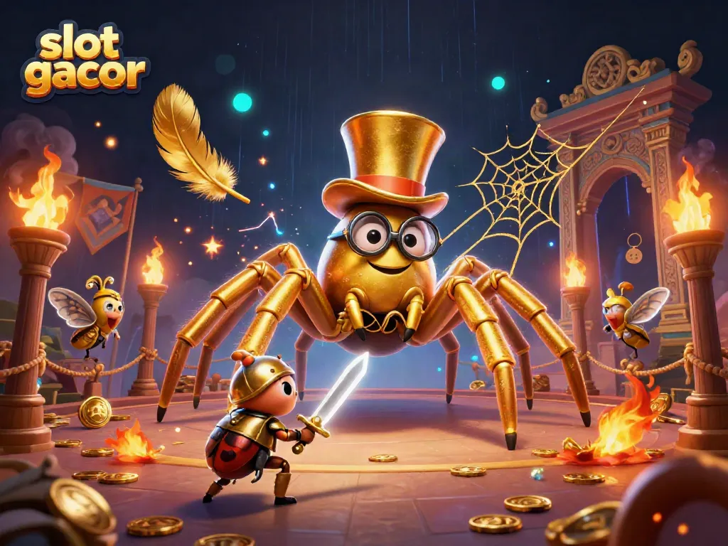Experience the thrilling slot gacor world with a cartoon tarantula and beetle knight in a magical casino.