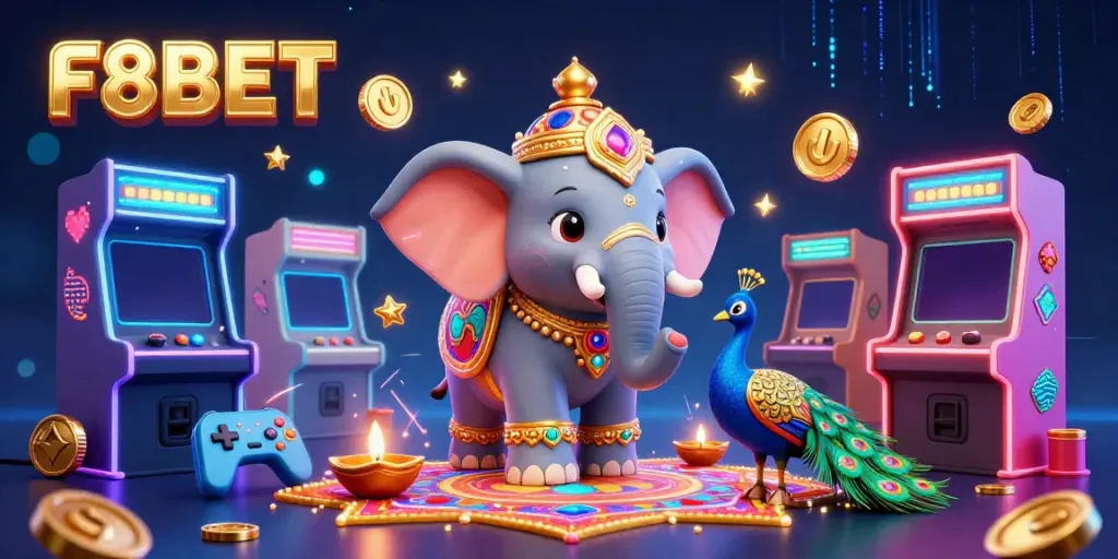 Engage with F8BET, featuring a vibrant 3D elephant and peacock in a dazzling casino scene.