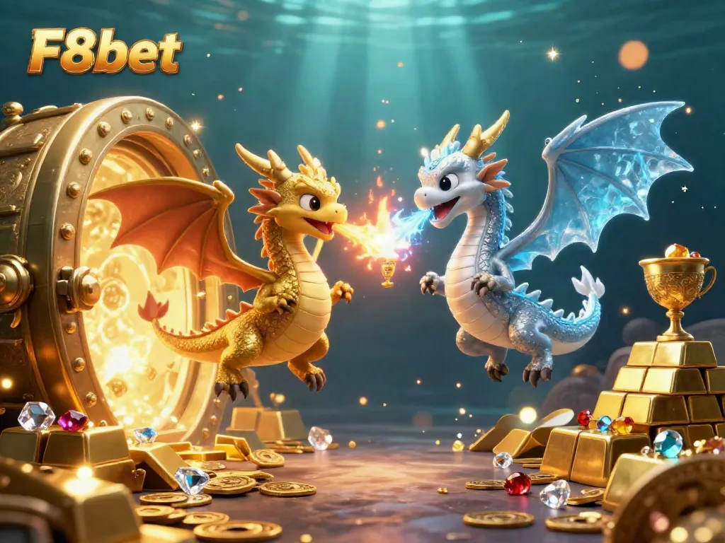 Win big at F8bet with a stunning scene of cartoon dragons representing online gambling excitement and treasure.