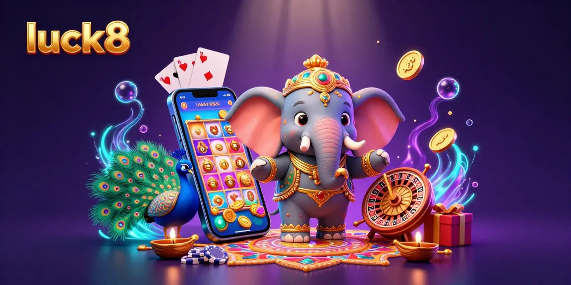 Spin colorful slots and win big with luck8 at this vibrant 3D casino illustration featuring festive elements.