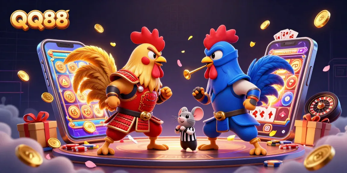 Experience thrilling gameplay at QQ88 with dynamic duel of roosters in vivid casino scene.