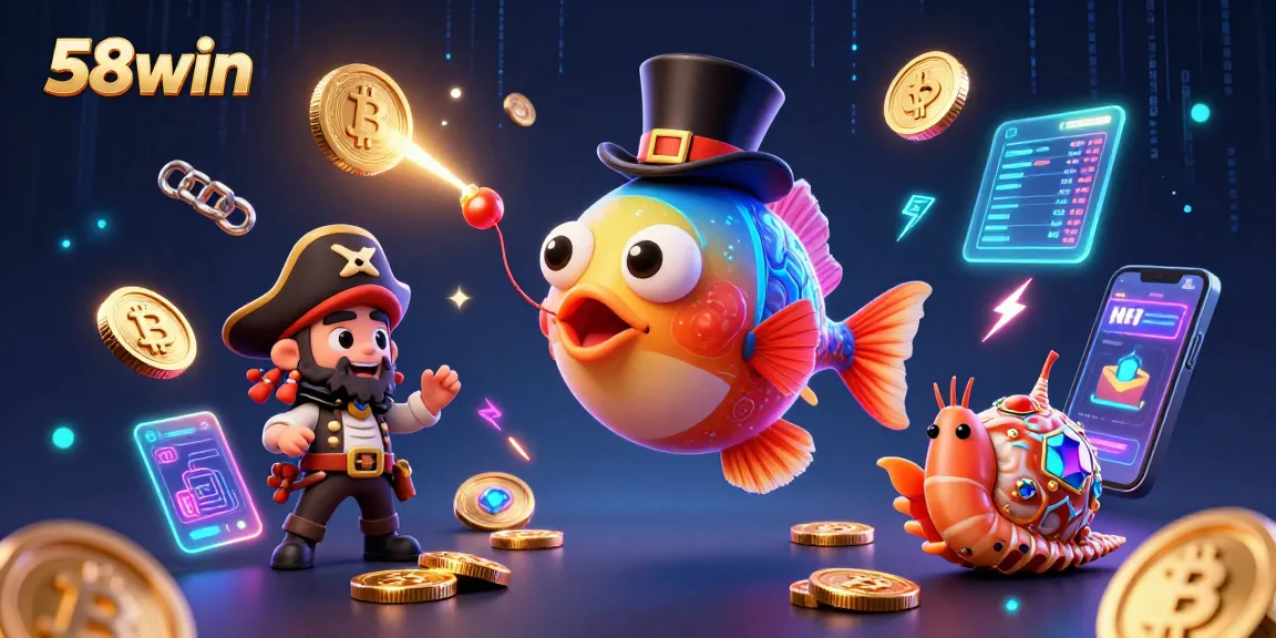 Engage with 58win's casino thrills in this vibrant underwater illustration featuring lively characters and glowing coins.