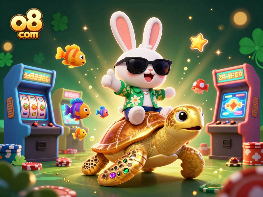Play casino games at o8 com with our fun rabbit and turtle illustration.