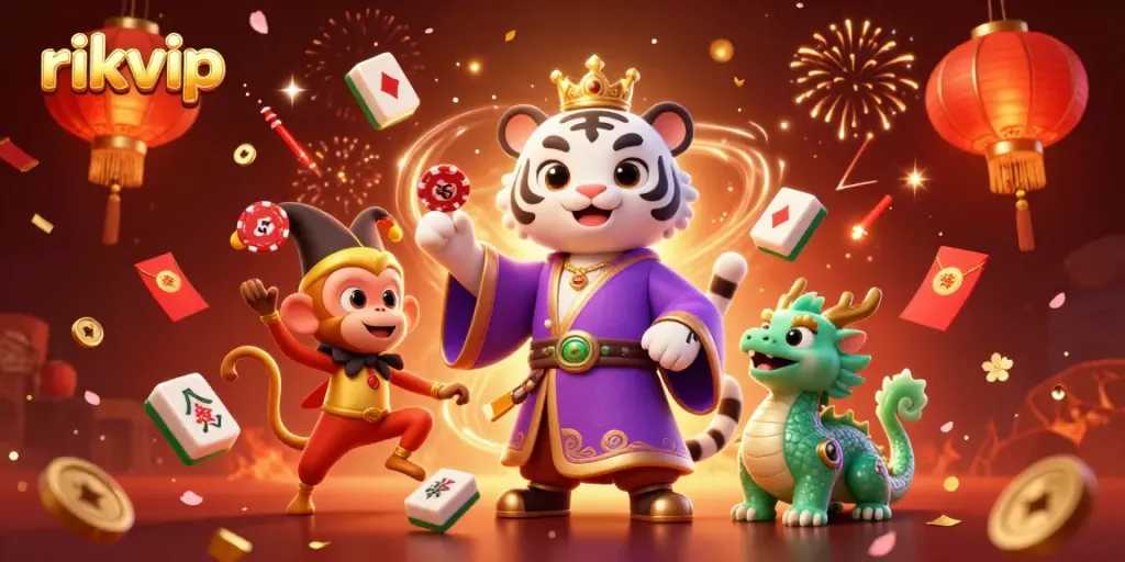 Experience the thrill of rikvip as a tiger, monkey, and dragon celebrate in a dazzling 3D casino scene.