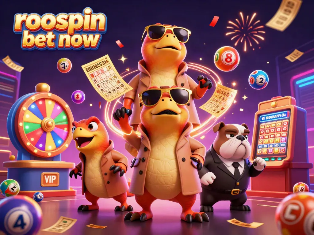 Join the fun at roospin bet now casino with vibrant lottery balls and raptors in a trench coat!