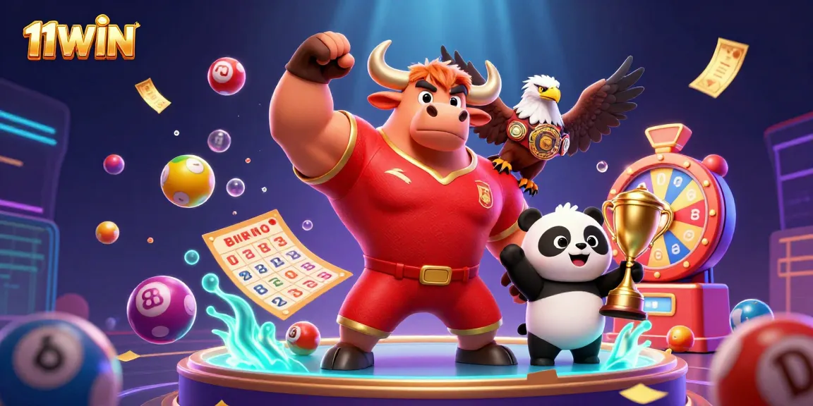 Experience the excitement of 11WIN with vibrant lottery balls and casino characters celebrating wins.