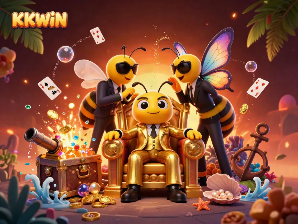 Experience the vibrant KKWIN casino scene with a dynamic bumblebee mob boss and treasure-filled underwater world.