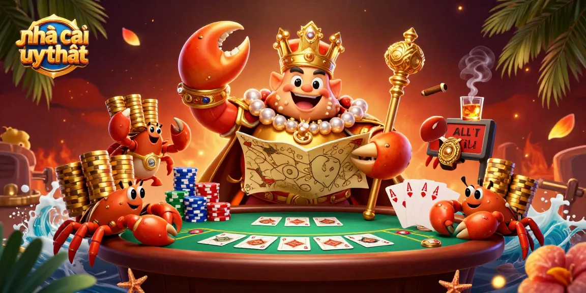 Engage with the nhà cái uy tín scene featuring a golden crab emperor and exciting poker elements.