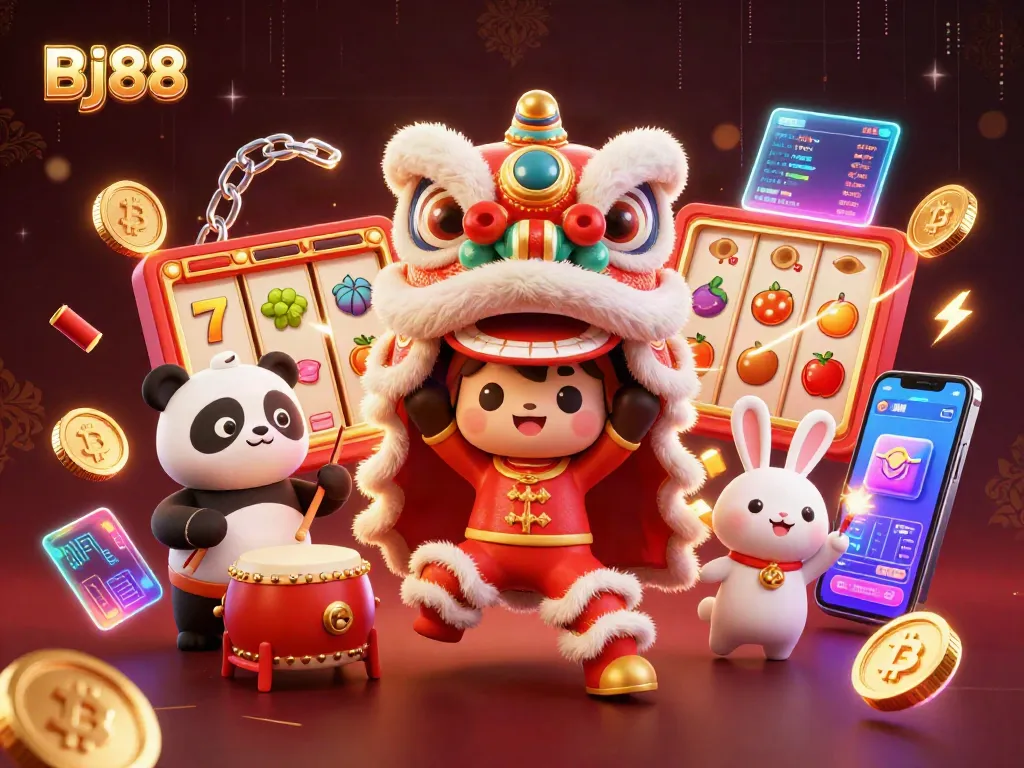 Experience thrilling gaming at BJ88 with a vibrant casino illustration showcasing festive elements.
