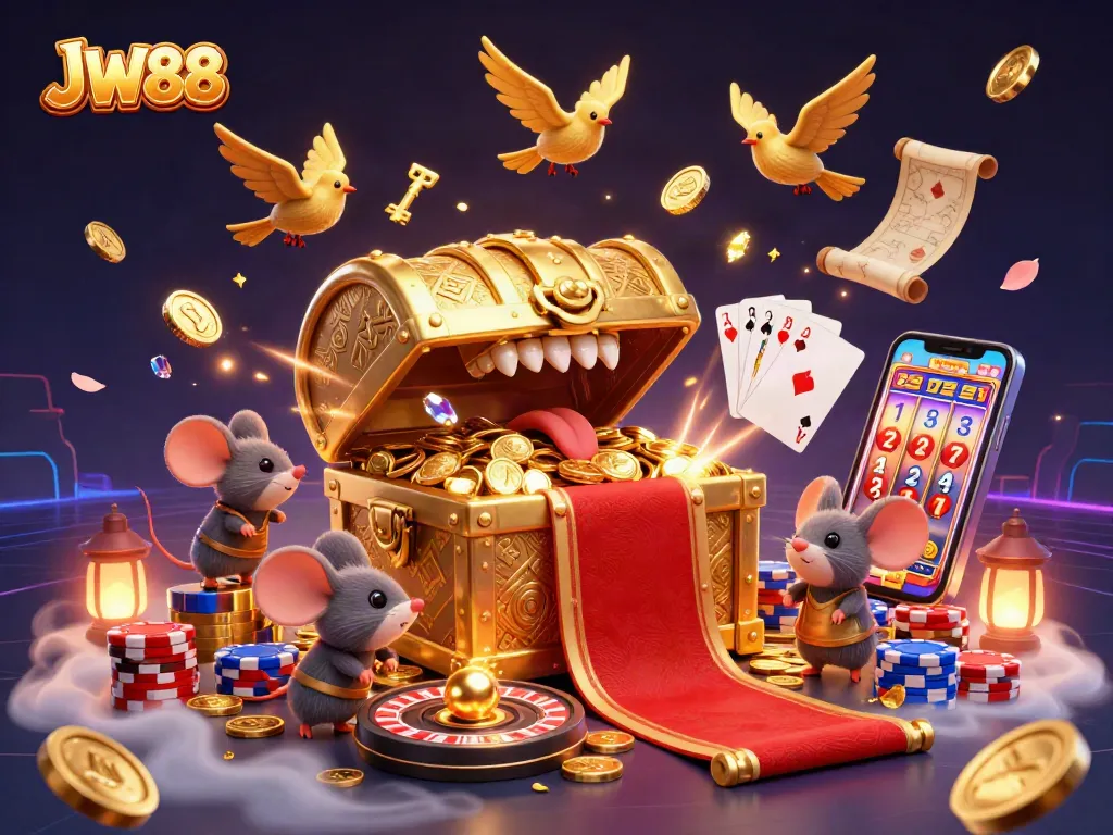 Experience thrilling wins at JW88 with a bustling casino scene featuring dynamic game elements and vibrant action.