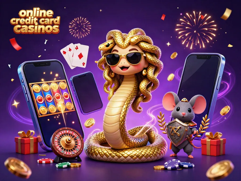 Experience online credit card casinos with Medusa and a mouse in a dynamic casino scene.