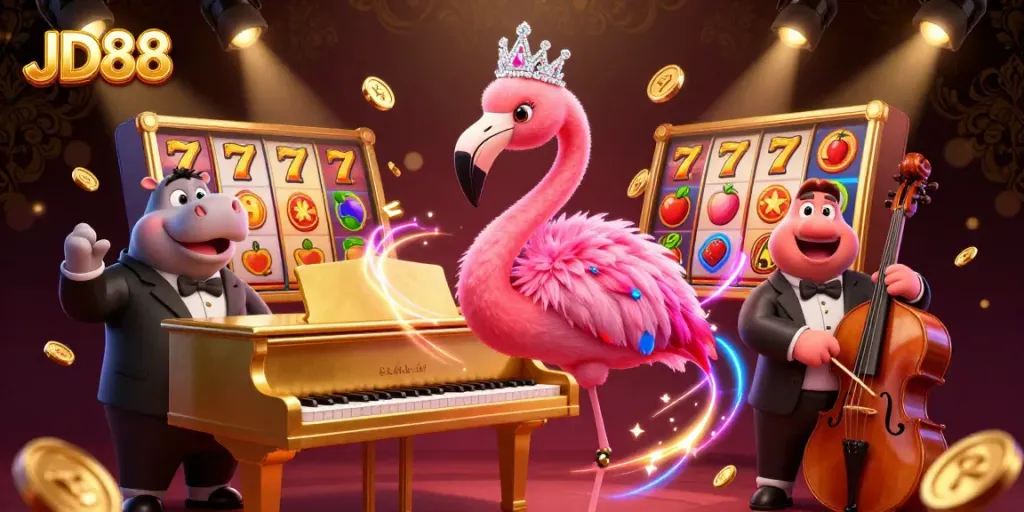 Engage with JD88's immersive casino experience featuring a flamingo singer and a hippo bassist in a vibrant scene.