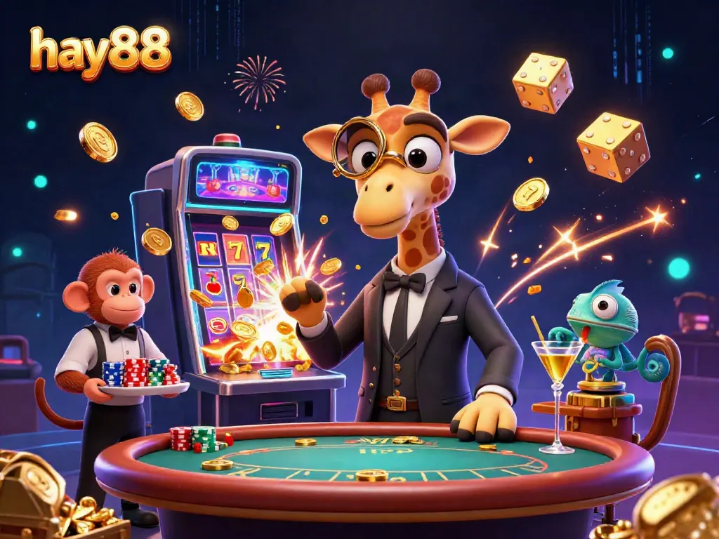 Play casino games in style with hay888, featuring a giraffe and friends at a vibrant poker table.