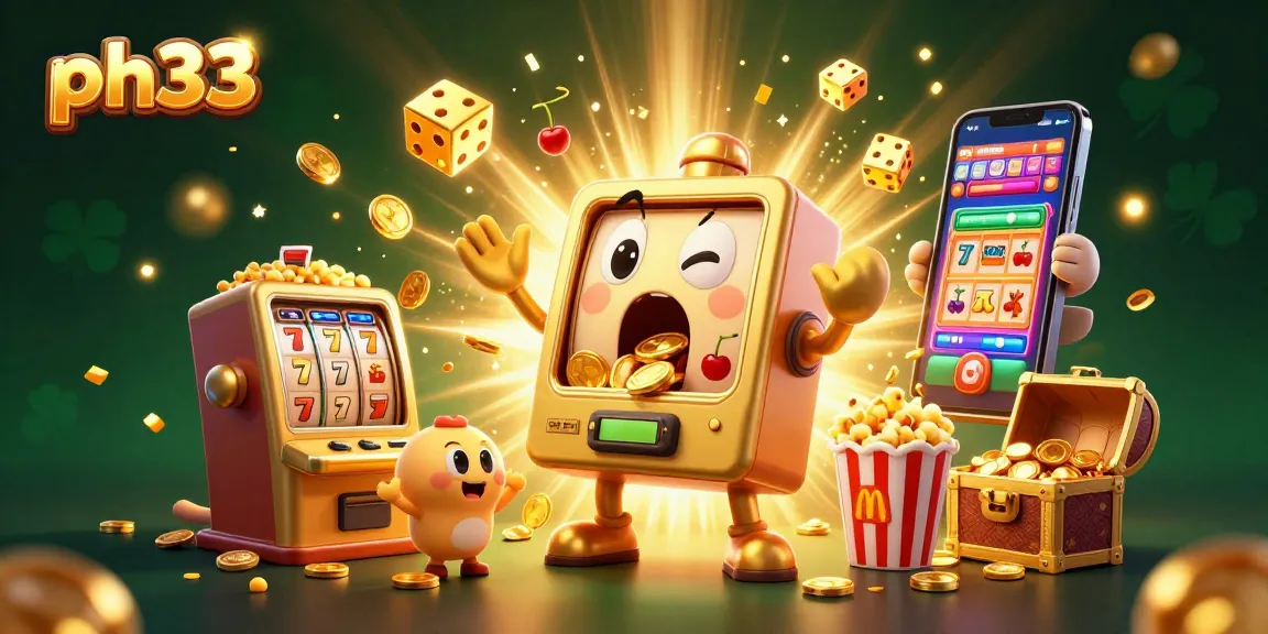 Experience the excitement of ph33 with a cartoon slot machine celebrating its jackpot while surrounded by festive gaming elements.