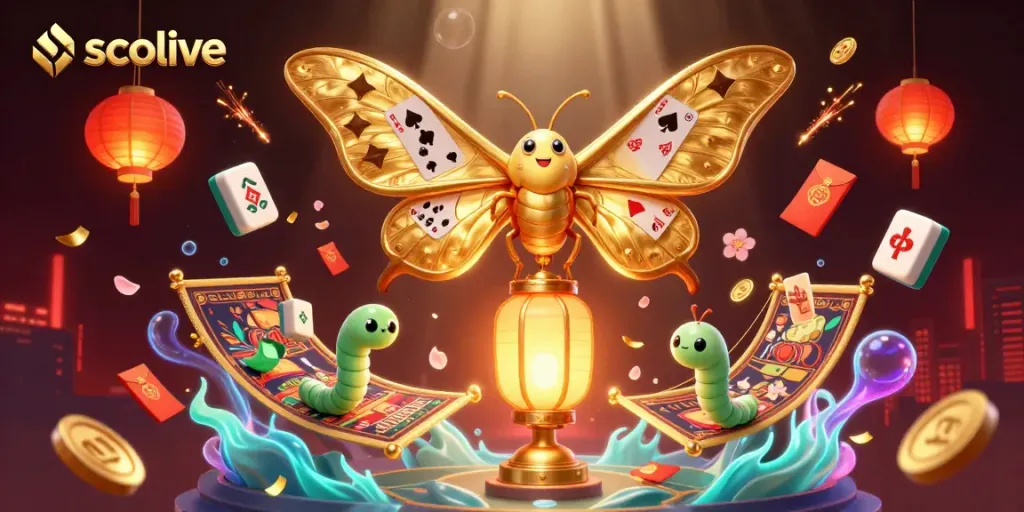 Socolive showcases a vibrant casino-themed 3D illustration with an atlas moth and golden lanterns.