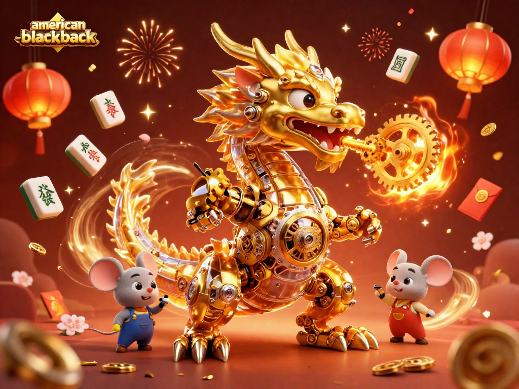 Experience the thrill of american-blackjack with a vibrant scene featuring a dragon and celebration elements.