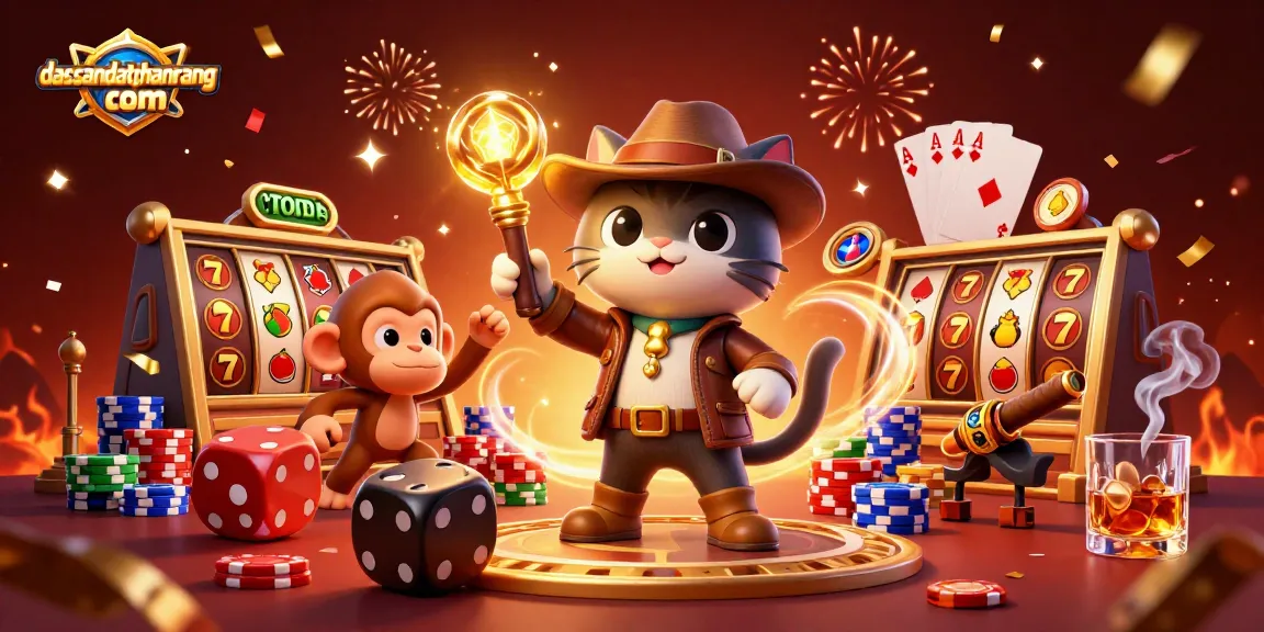 Engaging slot games at dacsandatphanrang com with a 3D archaeologist cat and monkey amid colorful casino elements.
