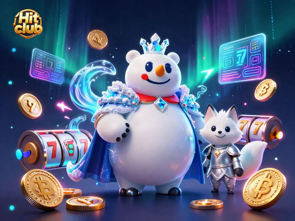 Engage in thrilling games at Hit club with a whimsical illustration of a polar bear king and companions amidst vibrant casino symbols.