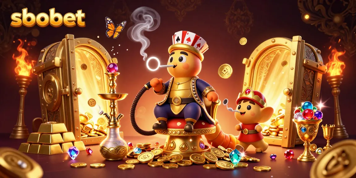 Simplified SBOBET experience with the 3D caterpillar character creating winning poker symbols while riches surround it.