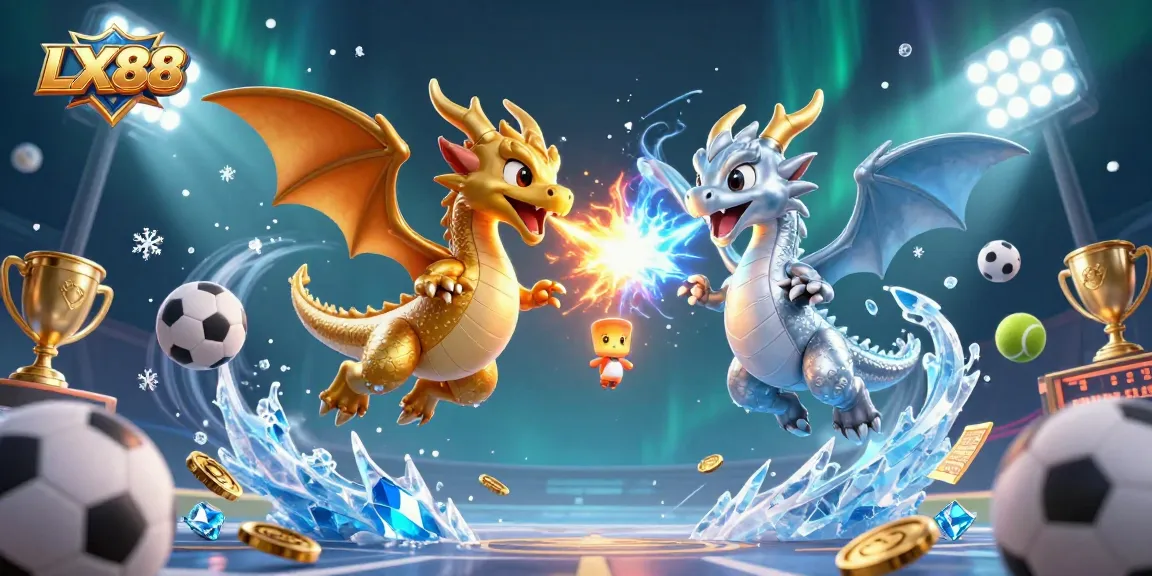 LX88 dragons create a dynamic casino scene with sports elements, illuminating the betting excitement.