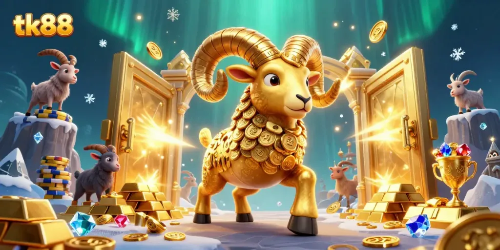 Experience thrill with tk88 gaming showcase as energetic golden ram charges through a treasure vault