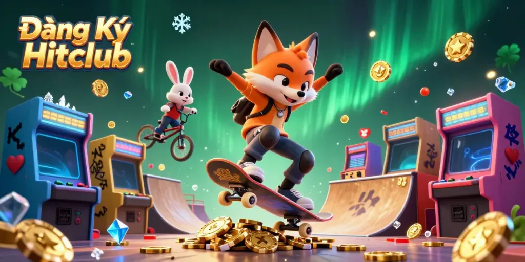 Experience Đăng Ký Hitclub with a dynamic scene of casino-themed action featuring a skateboarder fox and BMX rabbit.