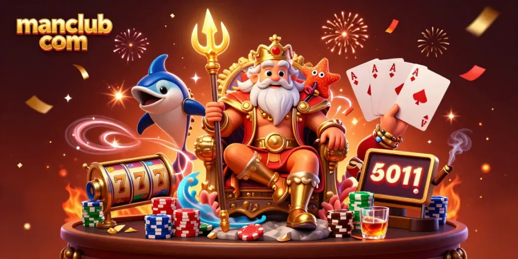 Experience the excitement at manclub com with Neptune and a vibrant casino scene, featuring slot reels and poker chips.