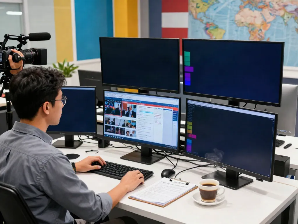 Journalist in a modern studio at elligilgal.com producing dynamic news content.