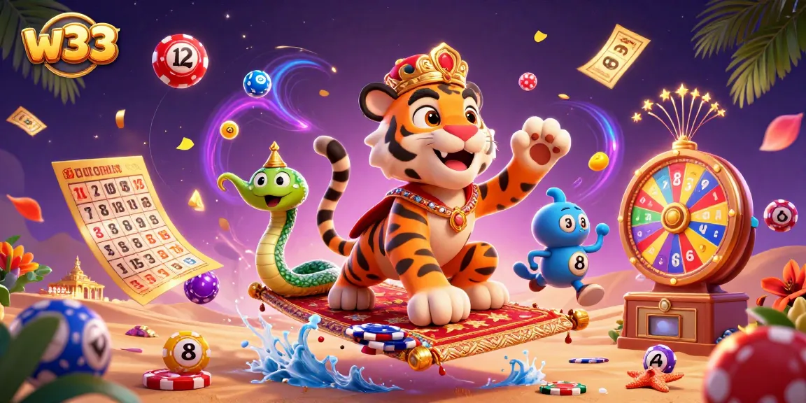 w33 showcases exciting gaming opportunities with vibrant characters and casino elements in a magical setting.