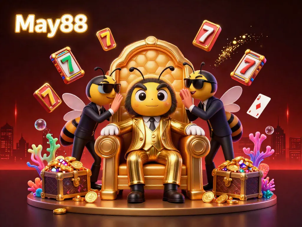 Experience the excitement of May88 casino with a dynamic 3D scene featuring vibrant slot machines and an authoritative bee mob boss.