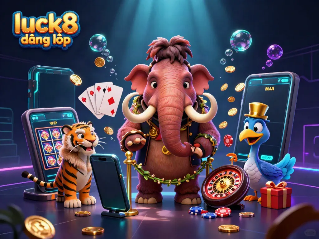 Experience excitement with luck8 đăng nhập as the woolly mammoth checks IDs at a vibrant casino entrance featuring dynamic game elements.