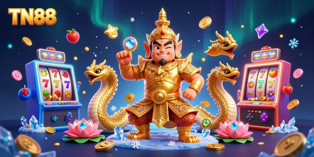 Engage in TN88 slot games with a dynamic 3D guardian surrounded by vibrant casino elements.