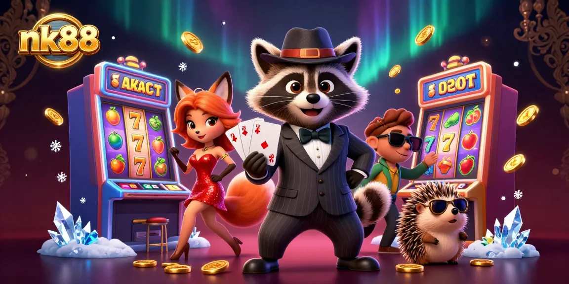 Spin and win with nk88 in a vibrant 3D casino scene featuring a raccoon and fox.
