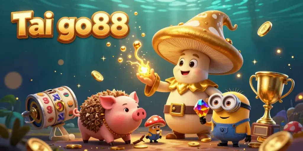 Experience exciting gaming at Tai go88 with our golden wizard character surrounded by treasures and dynamic slot elements.