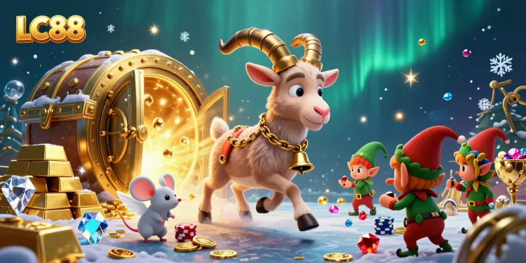 LC88 casino scene featuring Krampus, angel mouse, and gremlin elves among gold and jewels.