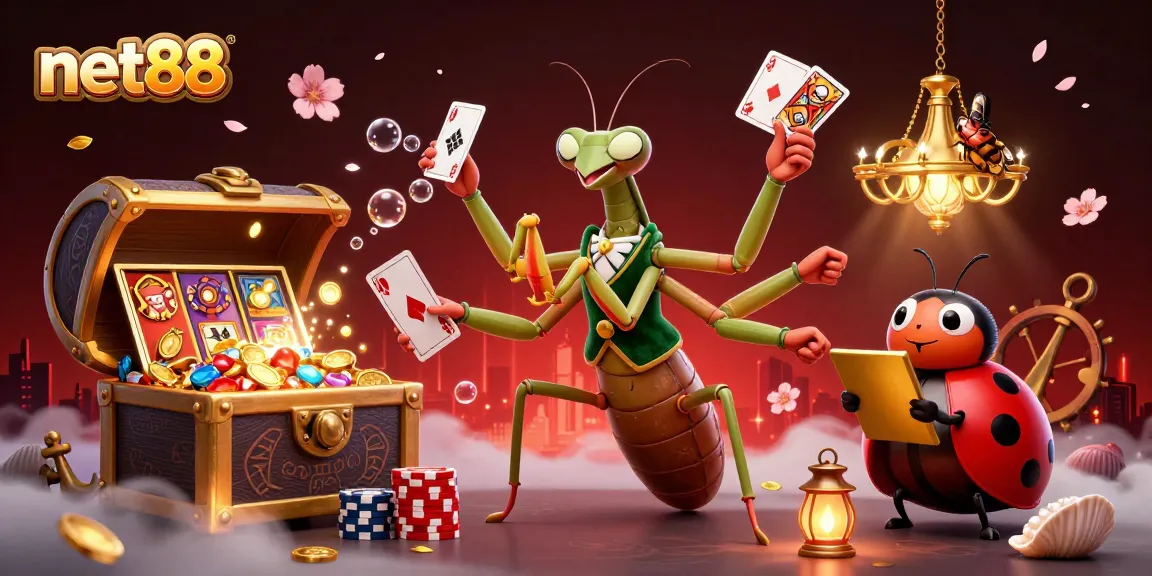 Experience thrilling gameplay at net88 with a giant praying mantis card sharp and vibrant casino elements.