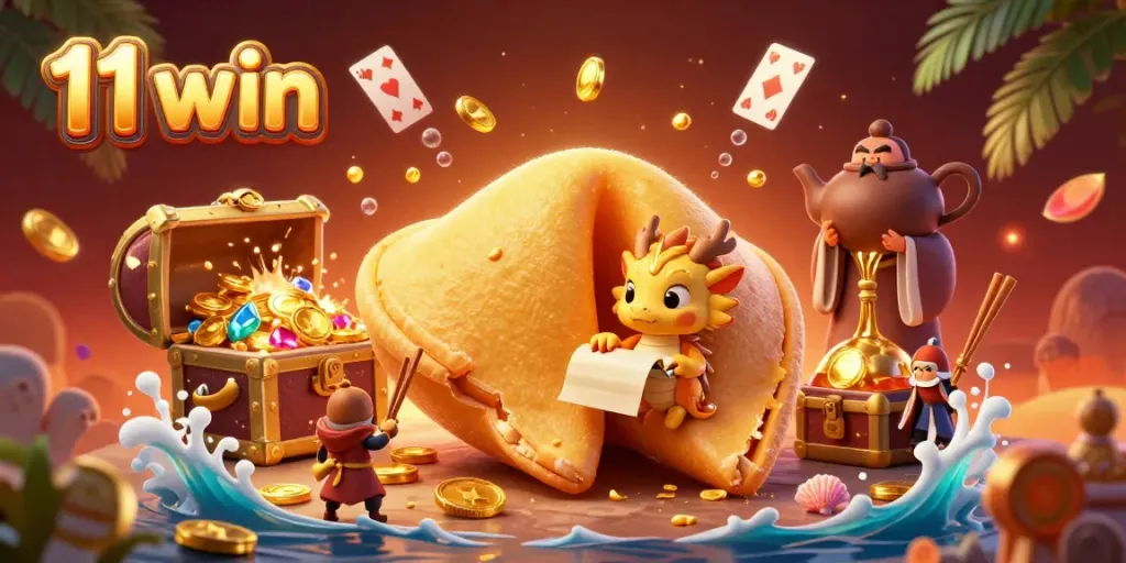 Experience thrilling gameplay with 11 win, featuring rich 3D cartoon characters surrounded by golden treasures.