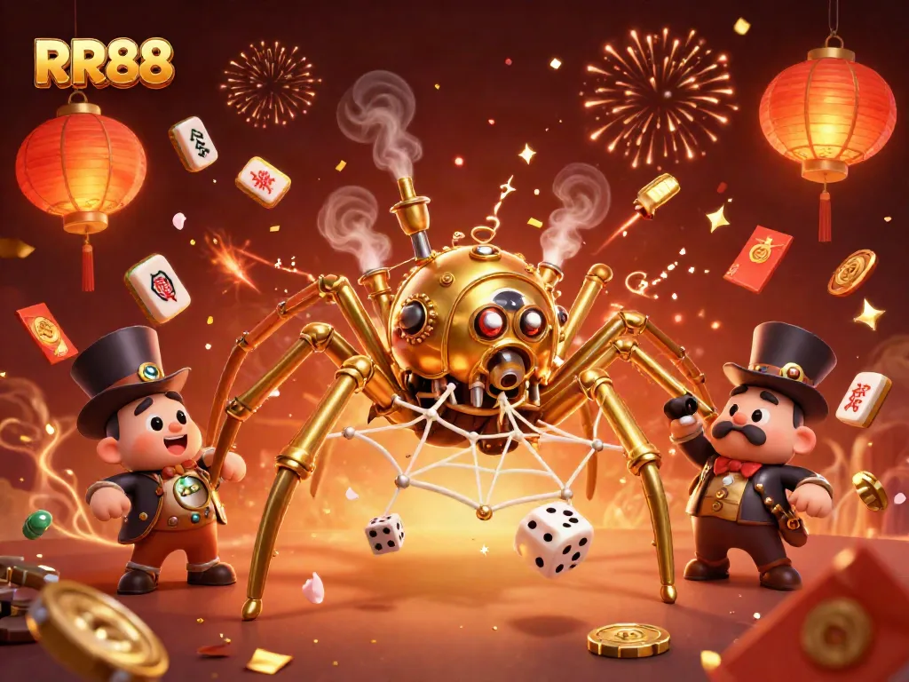Engaging RR88 scene showcasing a steampunk spider and a Victorian fly, with festive casino elements.